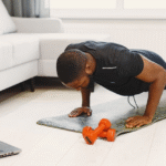 a man doing a plank while watching tv