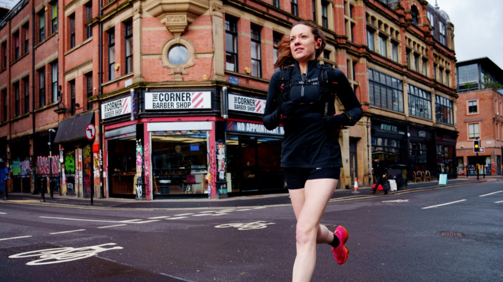 A woman jogging to work.