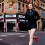 A woman jogging to work.