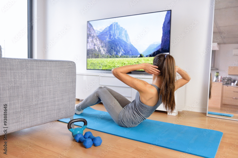 A woman exercising in front of a TV
