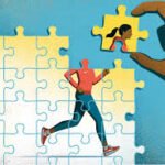 An image of a person running over puzzle pieces.