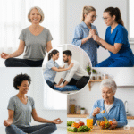 Men and women practicing forms of wellness.