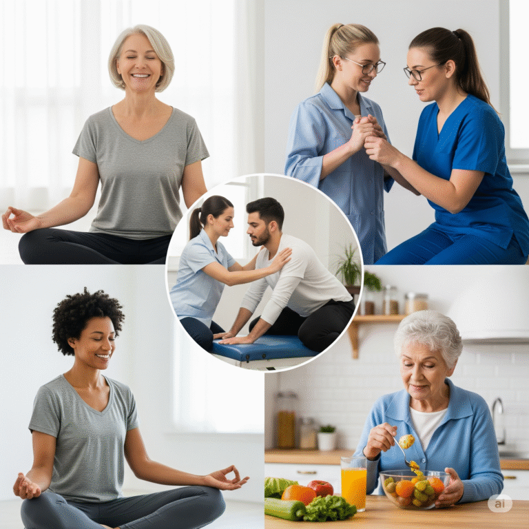 Men and women practicing forms of wellness.