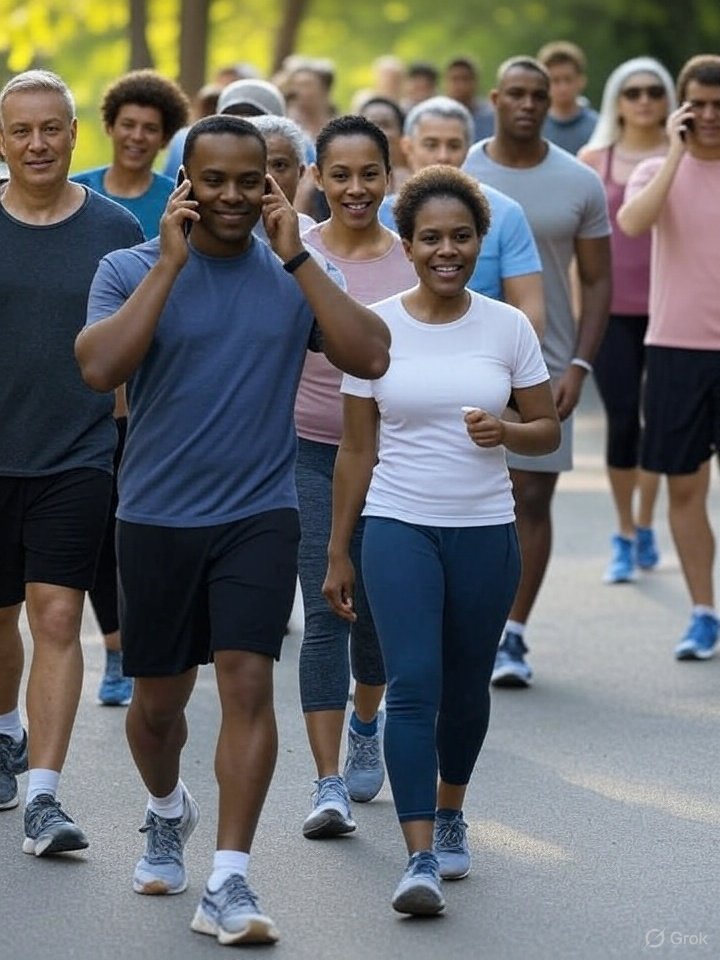 A group walking while one person is talking on a phone.