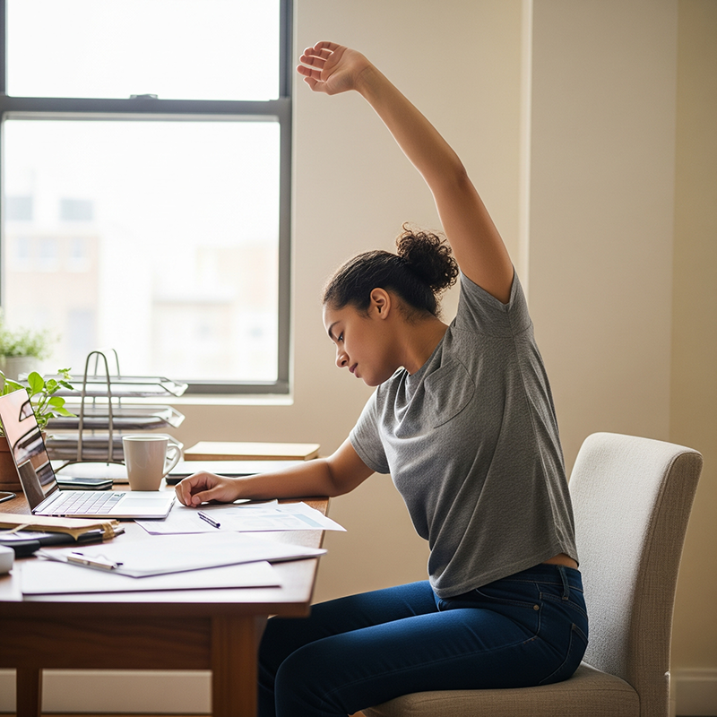 A woman stretching while seated at a desk.