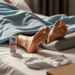 an image of feet sticking out from under covers on a bed.