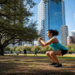 a woman doing bodyweight squats in a park