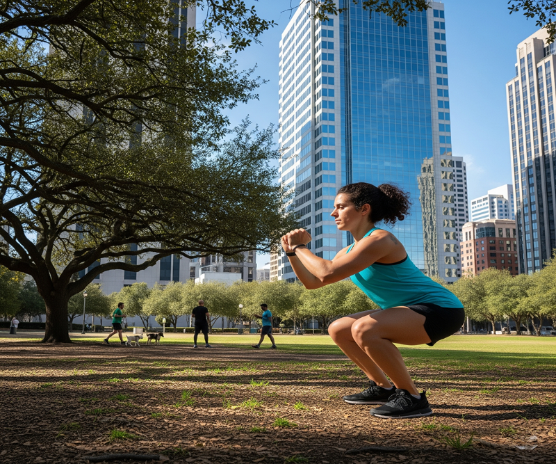 a woman doing bodyweight squats in a park
