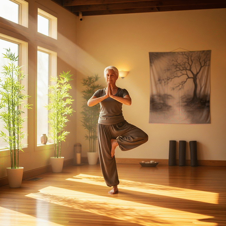 A senior woman in a yoga posture
