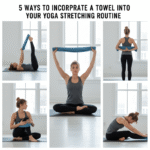 images of a woman doing yoga poses with a towel.