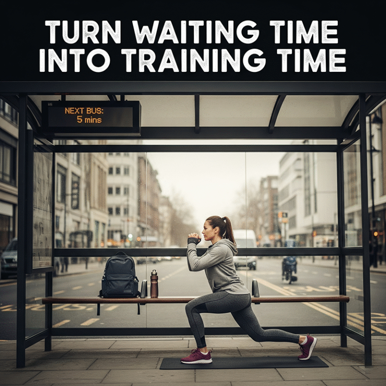 A woman exercising at a bus stop.