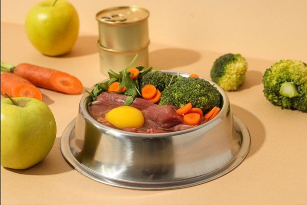 A dog dish with healthy food.