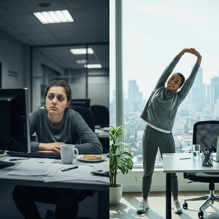 A tired woman sitting at a desk on the left and an energized woman standing and stretching.