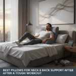 A man lying on a bed with his back supported by a pillow.