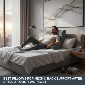 A man lying on a bed with his back supported by a pillow.