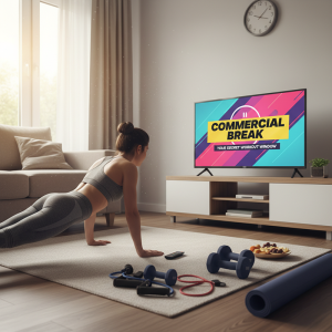 a woman doing push-ups during a commercial break.