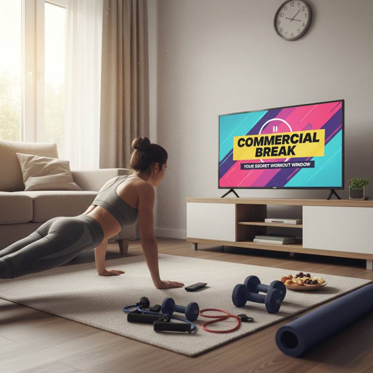 a woman doing push-ups during a commercial break.