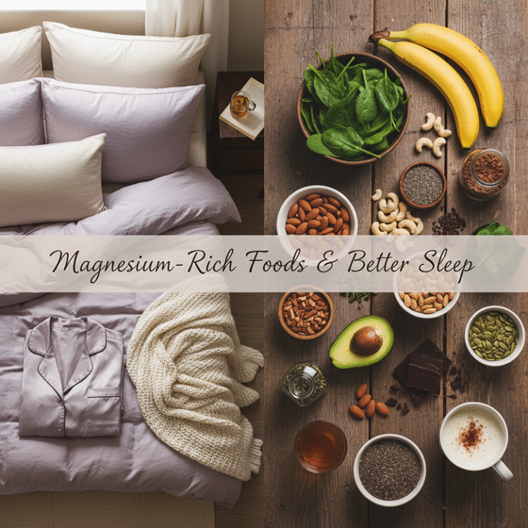 A split picture with bedding and pillows on the left and magnesium rich foods on the rigth.