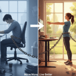 A split picture of a man sitting at a desk and a woman standing.
