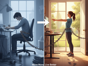 A split picture of a man sitting at a desk and a woman standing.