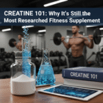 An image of a man doing squats and creatine.