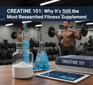 An image of a man doing squats and creatine.