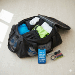 A gym bag packed with clothing.