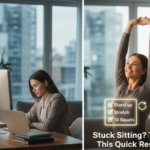 A split image with a woman sitting at a desk on the left and a woman stretching at her desk on the right.