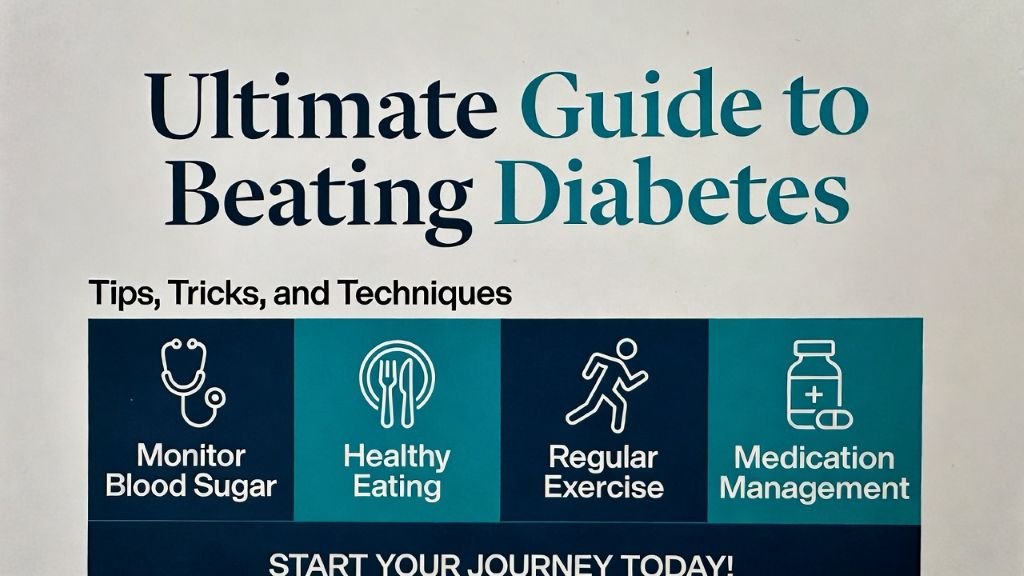 create an image 1224 pixels wide by 576 pixels tall for featured images in wordpress and in-content graphics (a 16:9 ratio) for Ultimate Guide to Beating Diabetes: Tips, Tricks, and Techniques