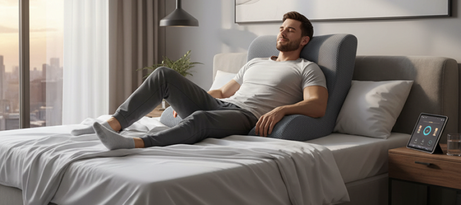 A man lying on a bed with his back supported by a pillow.