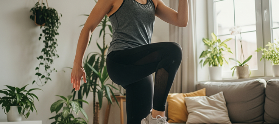 A woman exercising at home.