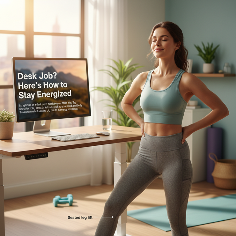 A woman exercising in front of her desk.