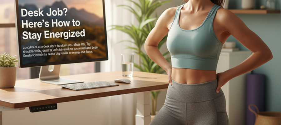 A woman exercising in front of her desk.