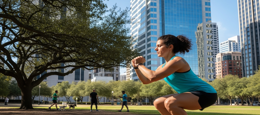 a woman doing bodyweight squats in a park