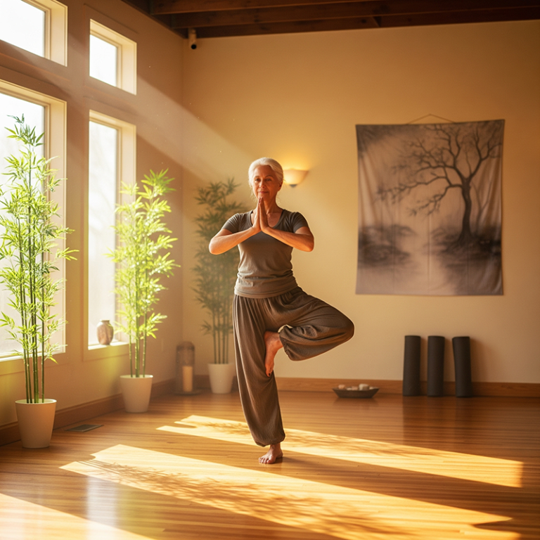 A senior woman in a yoga posture
