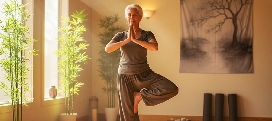 A senior woman in a yoga posture