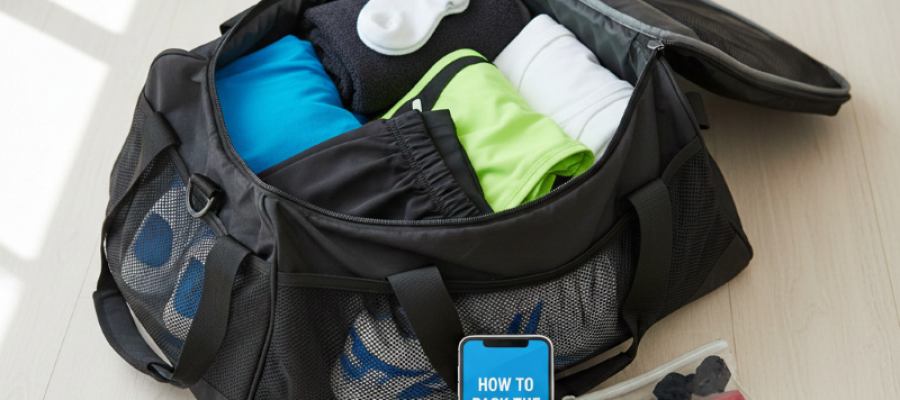 A gym bag packed with clothing.