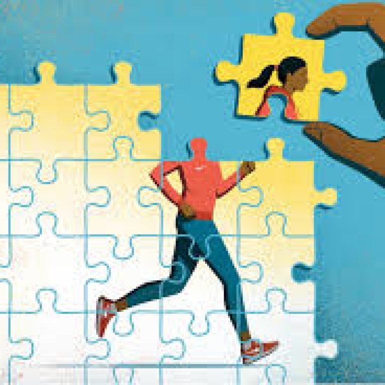 An image of a person running over puzzle pieces.