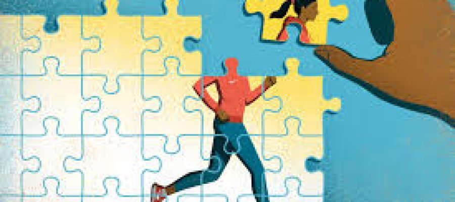 An image of a person running over puzzle pieces.