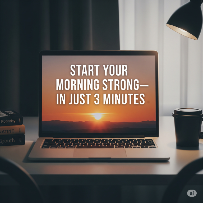 A lap top showing Start Your Morning Strong—In Just 3 Minutes