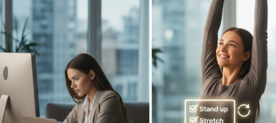 A split image with a woman sitting at a desk on the left and a woman stretching at her desk on the right.