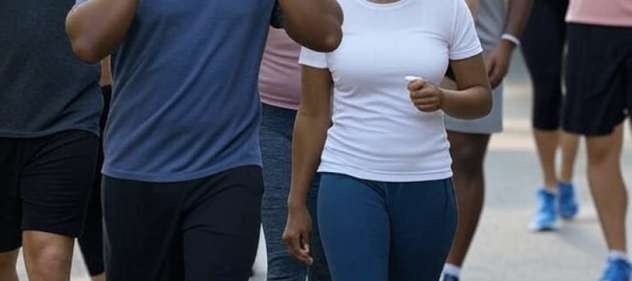 A group walking while one person is talking on a phone.