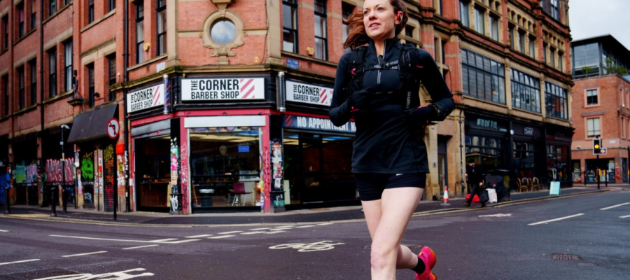 A woman jogging to work.