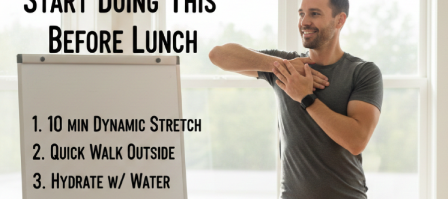 An image of a man doing a stretch at his desk.