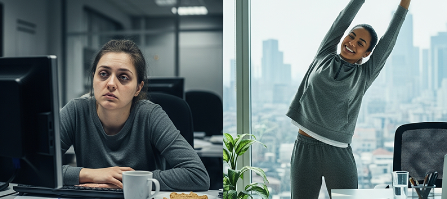A tired woman sitting at a desk on the left and an energized woman standing and stretching.