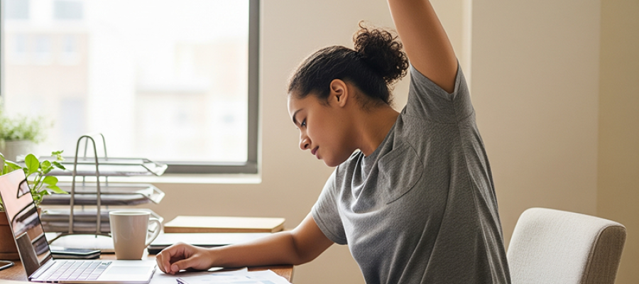 A woman stretching while seated at a desk.